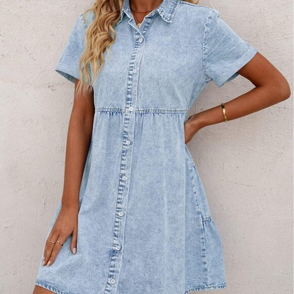 Denim Dress for Women Babydoll Tiered Short Sleeve Button Down Jean Shirt Dresse - Picture 3 of 6